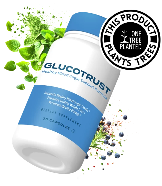 Glucotrust 1 bottle with banner and ingredients